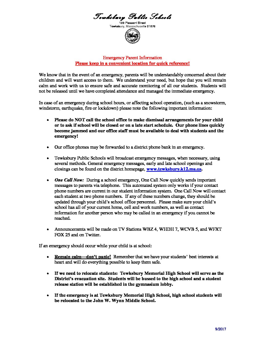 2017 Emergency Quick Reference Guide For Parents/Guardians Tewksbury 2017 Emergency Quick Reference Guide For Parents/Guardians Tewksbury