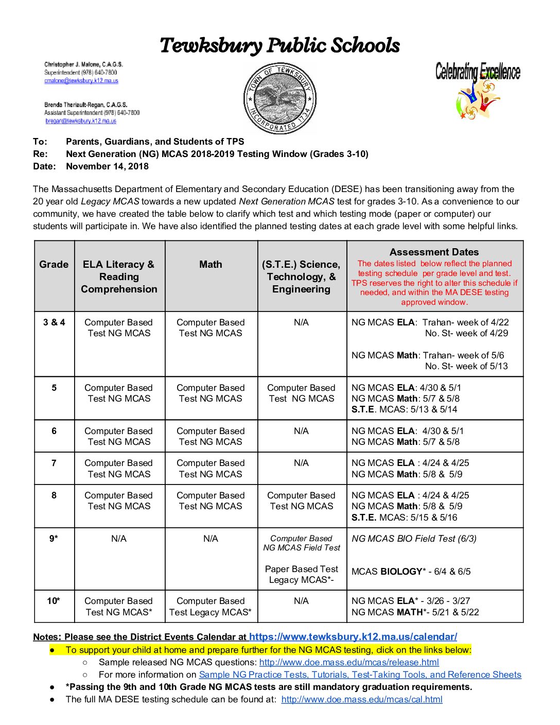 20182019 NG MCAS Testing Dates Memo for TPS Tewksbury Public Schools