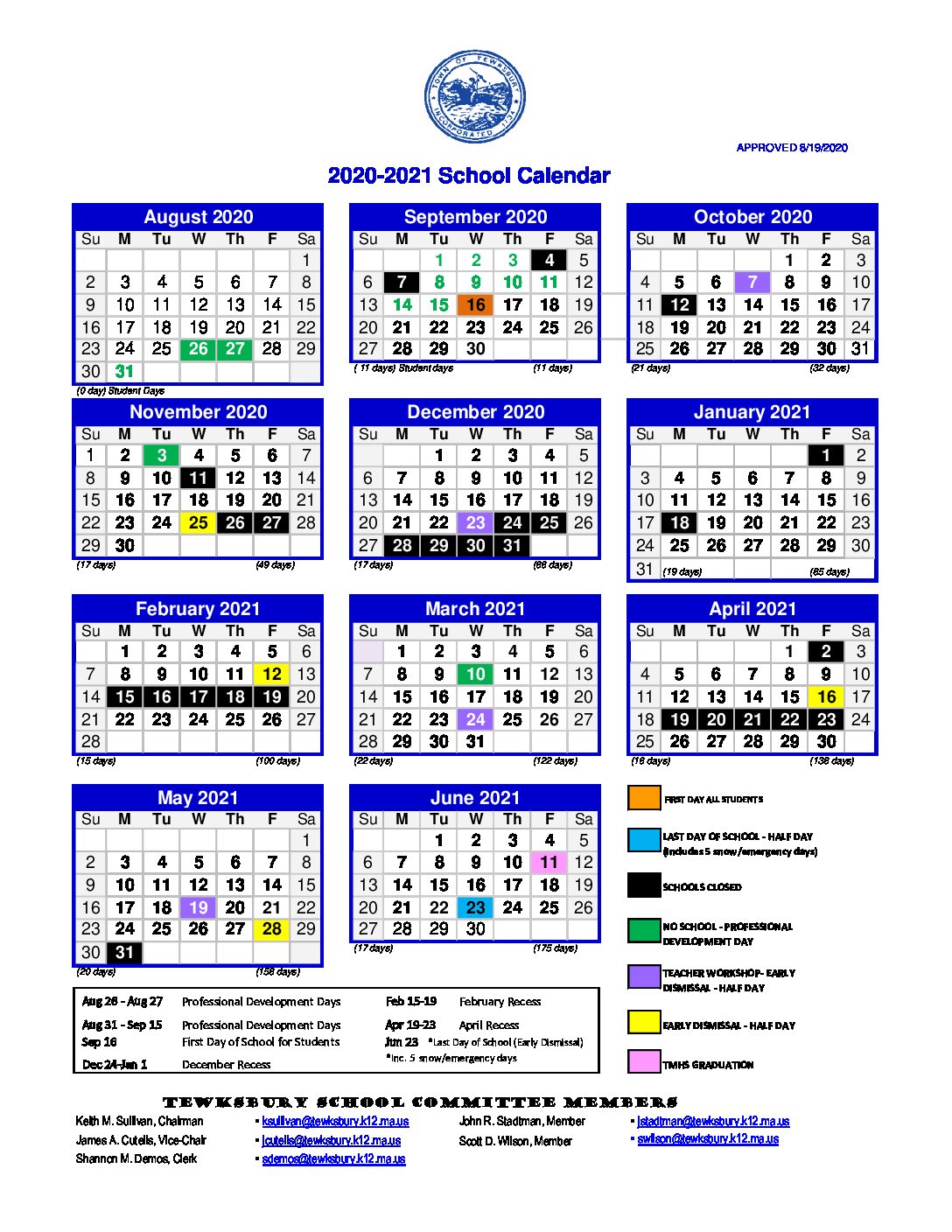 20-21 Calendar (10-29-2020) - Tewksbury Public Schools