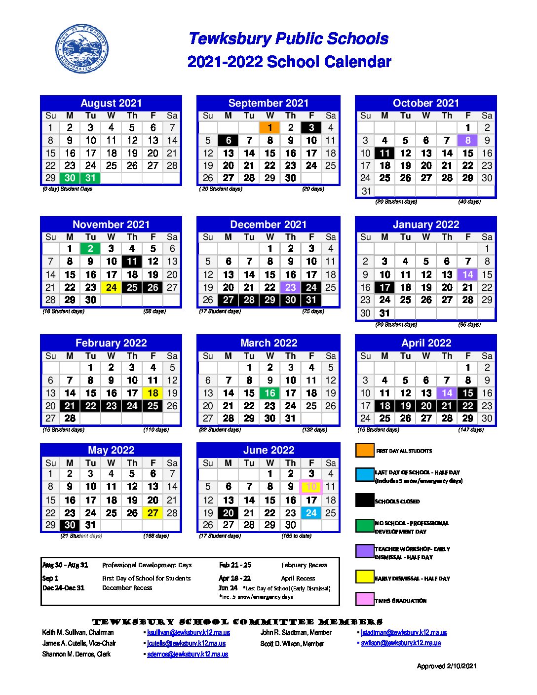 Merrimack College Calendar 2022 2021-2022 School Calendar - Tewksbury Public Schools