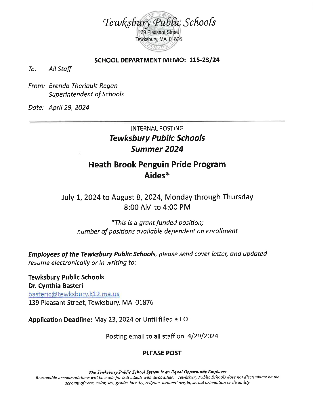 JOB POSTING 115_001 - Tewksbury Public Schools