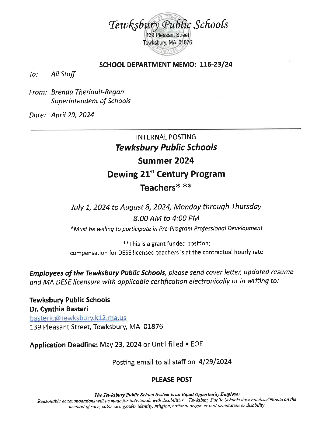 JOB POSTING 116_001 - Tewksbury Public Schools