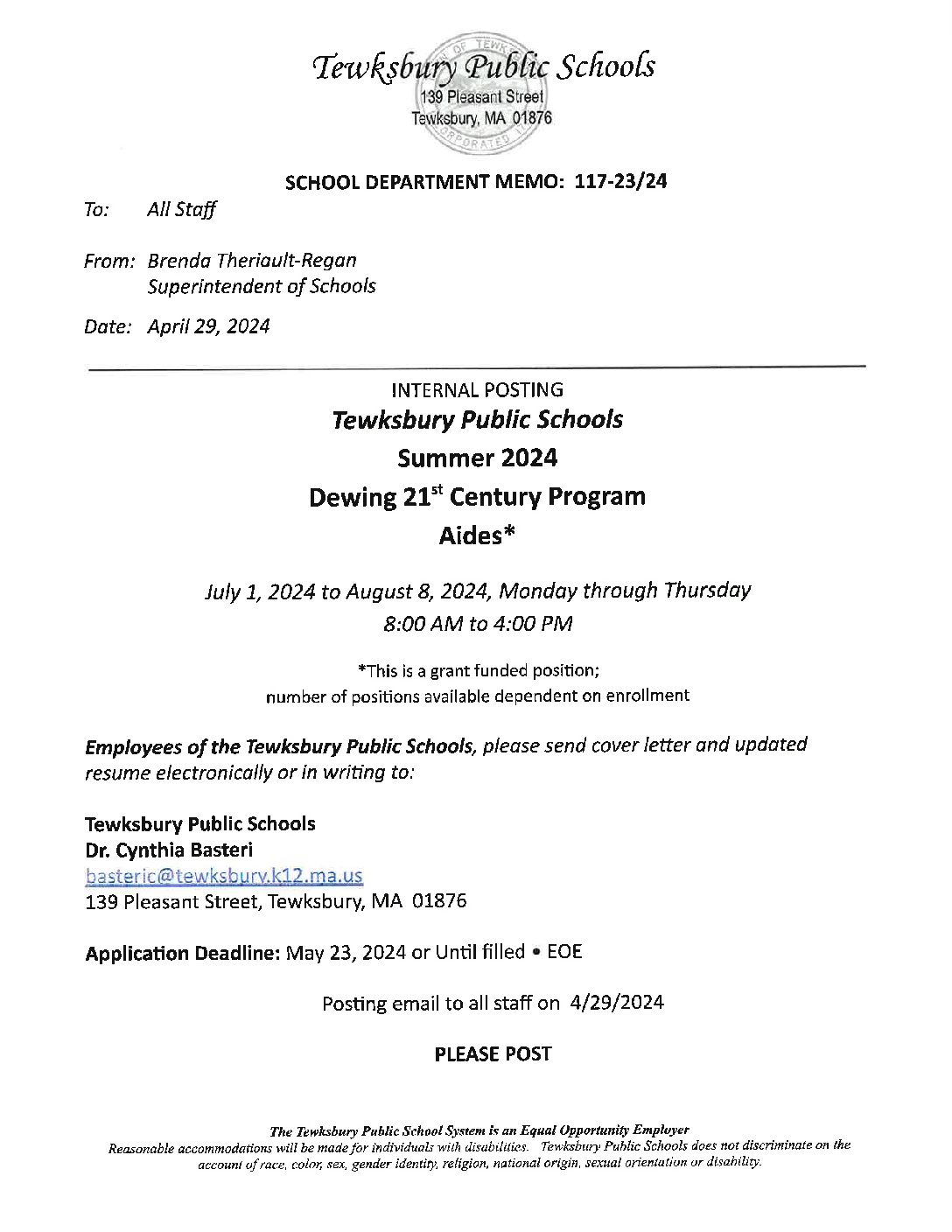 JOB POSTING 117_001 - Tewksbury Public Schools