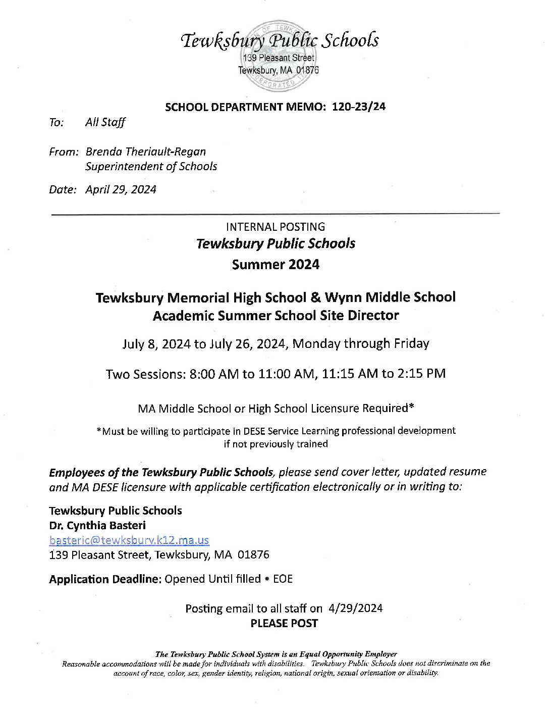JOB POSTING 120_001 - Tewksbury Public Schools