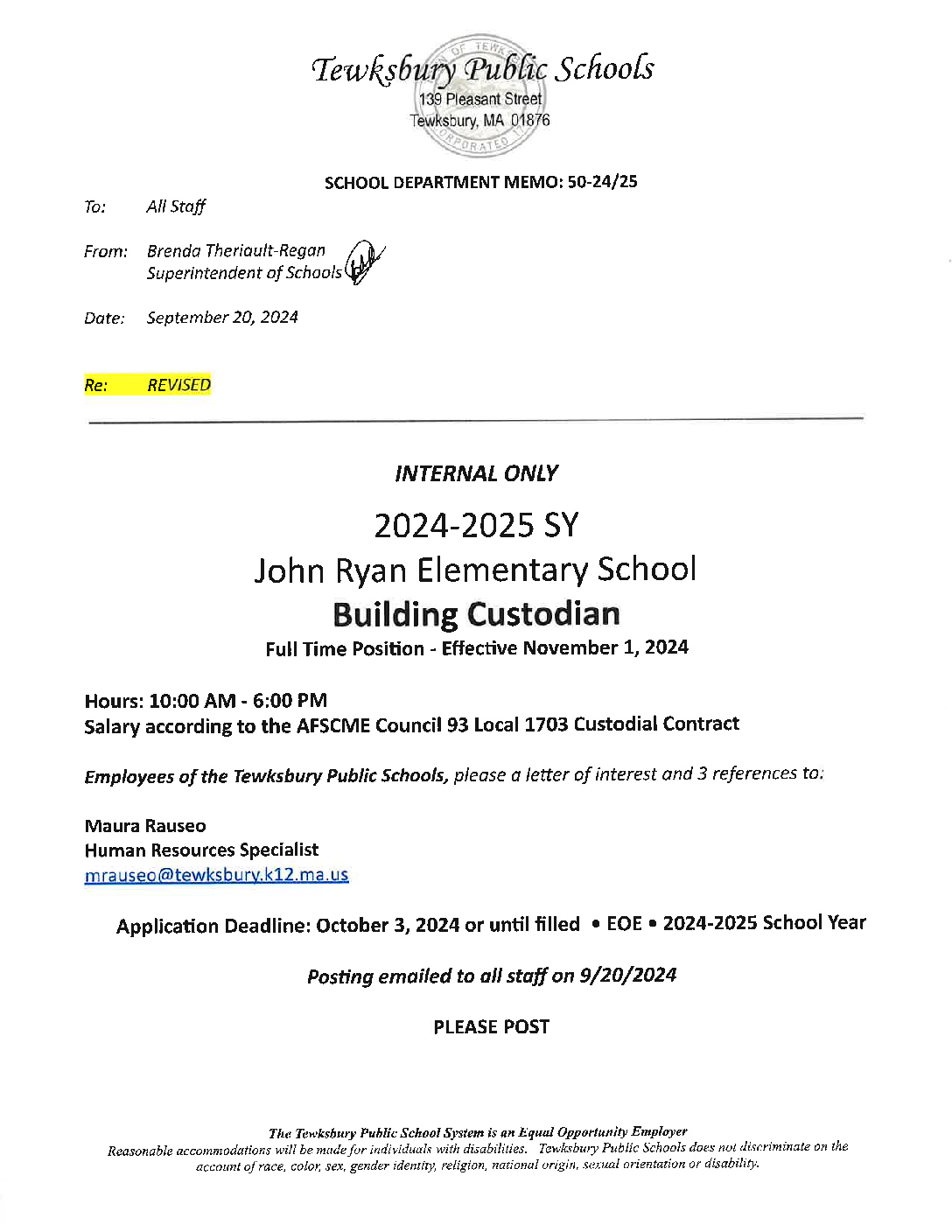 50-24-25 Revised Job Posting - Tewksbury Public Schools