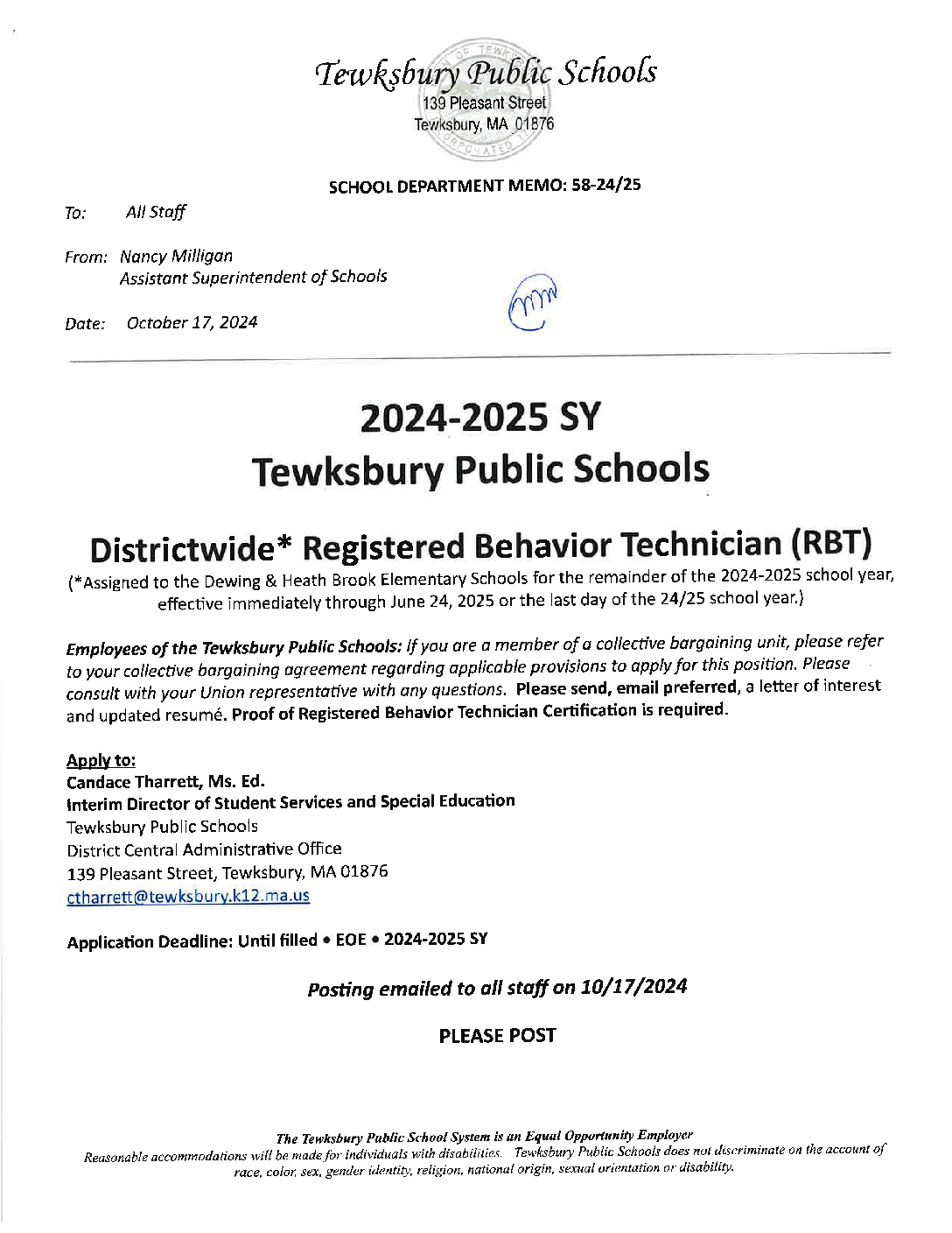 JOB POSTING #58-24-25 - Tewksbury Public Schools